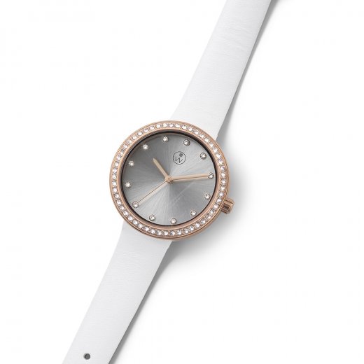 Hodinky s krištáľmi Swarovski Oliver Weber Salzburg rose gold crystal white strap